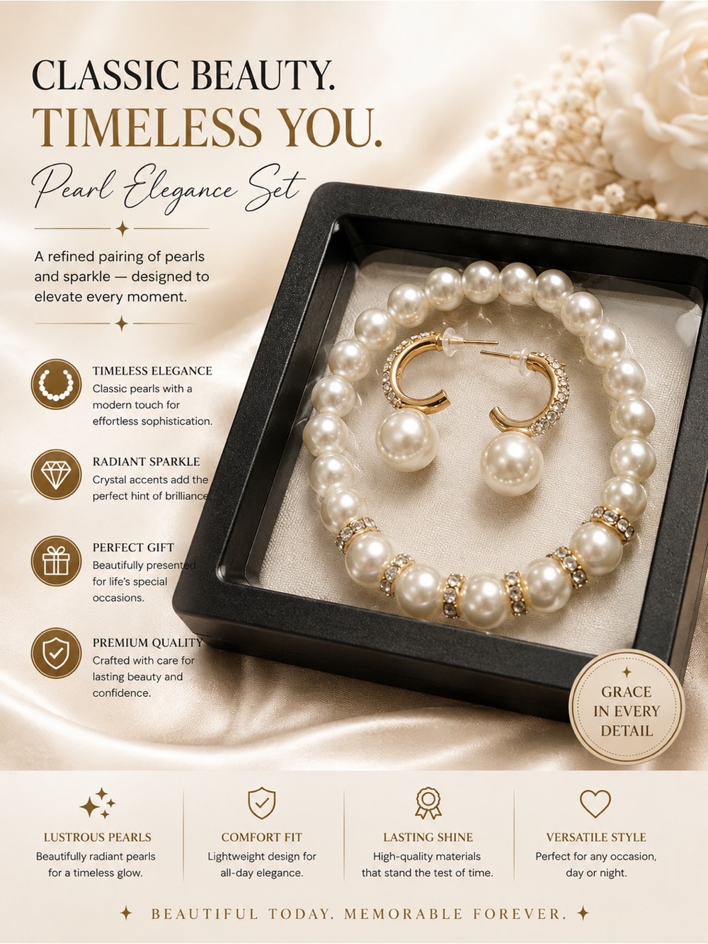 Faux Pearl Elegance Set - Cream Pearl Bracelet & Earrings